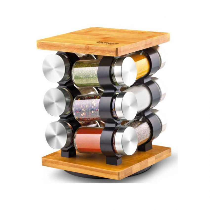 Bamboo & glass 12pc rotating spice rack