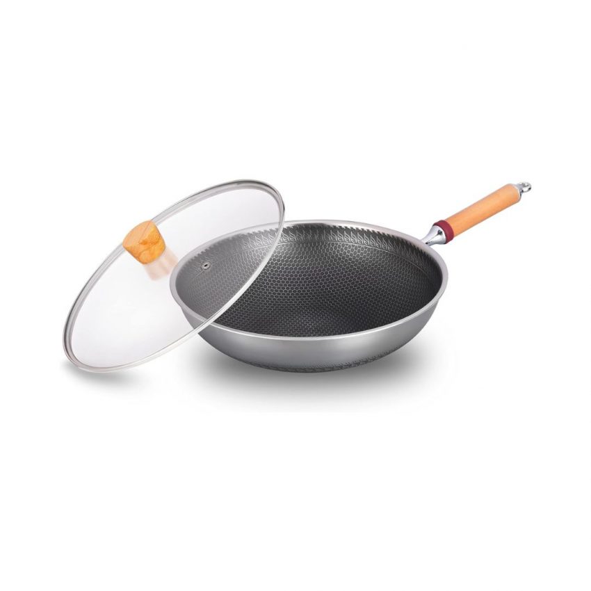 WOK - HONEYCOMB BED W/WOOD HANDLE & GLASS COVER 32CM