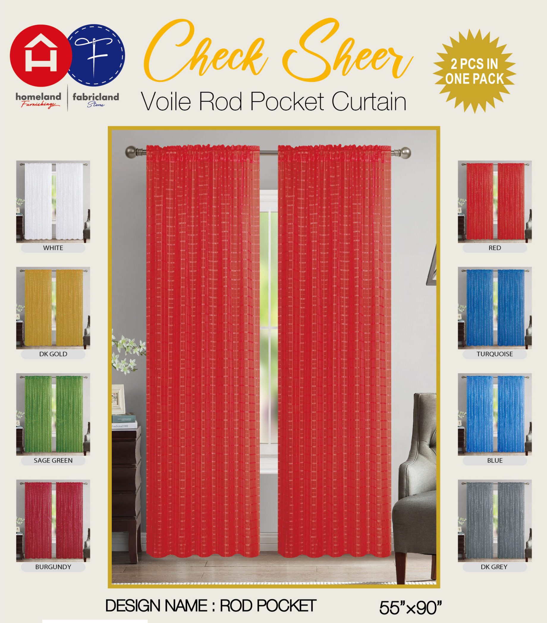 VOILE CHECK ROD POCKET CURTAIN 2PC/PKG