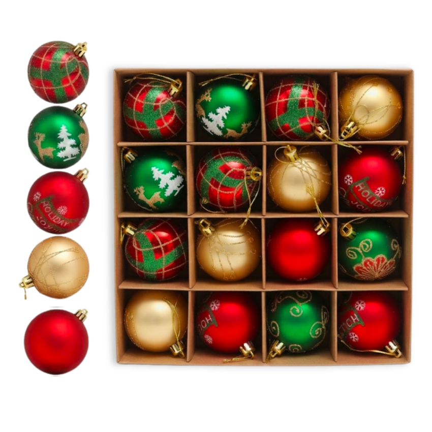 16pc Glam Red, Green & Gold Xmas Balls With Glitter 6cm