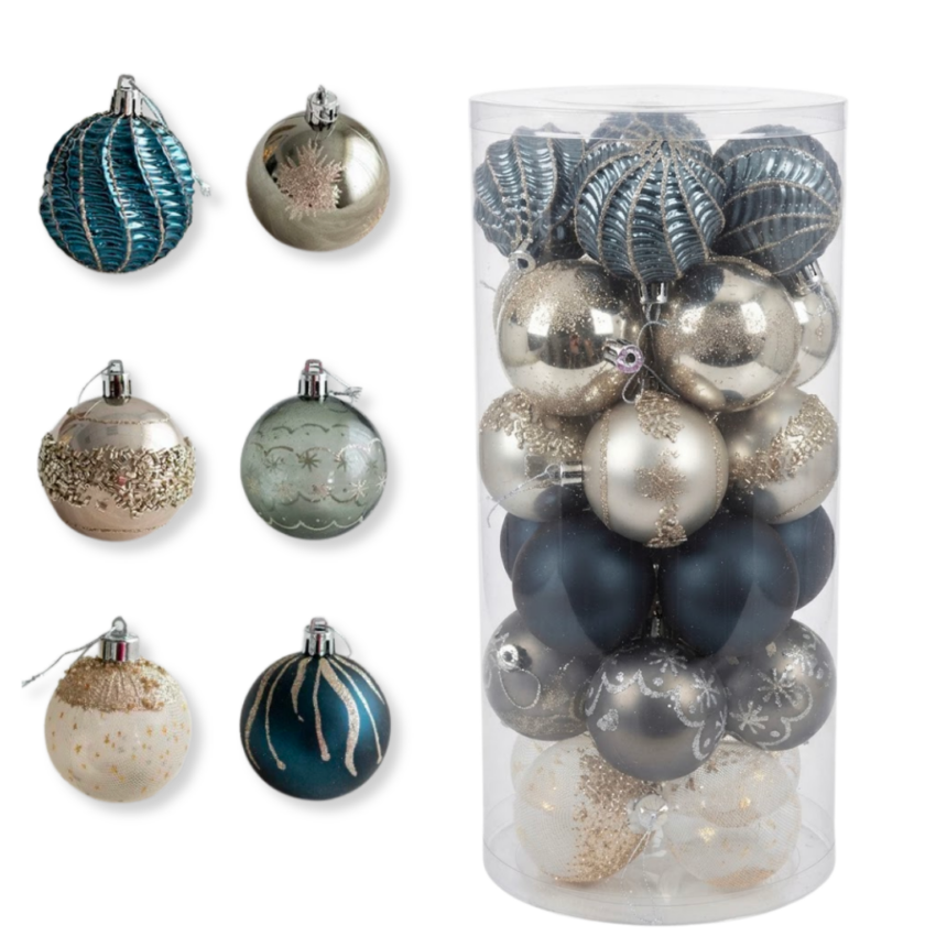 30pc Black & Silver Xmas Balls 6cm