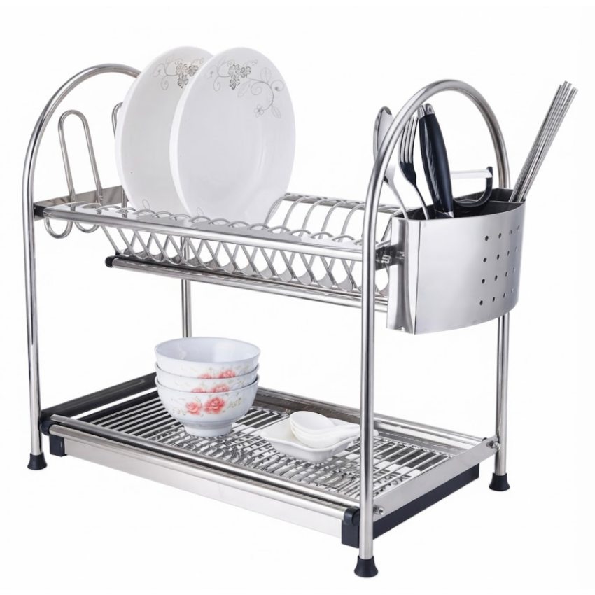 2-tier Stainless Steel Dish Rack w/Cutlery Holder