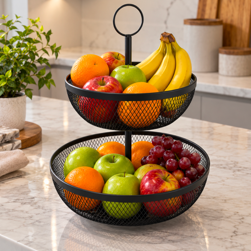 Black Iron Wire Fruit Basket 2-tier 21x40cm